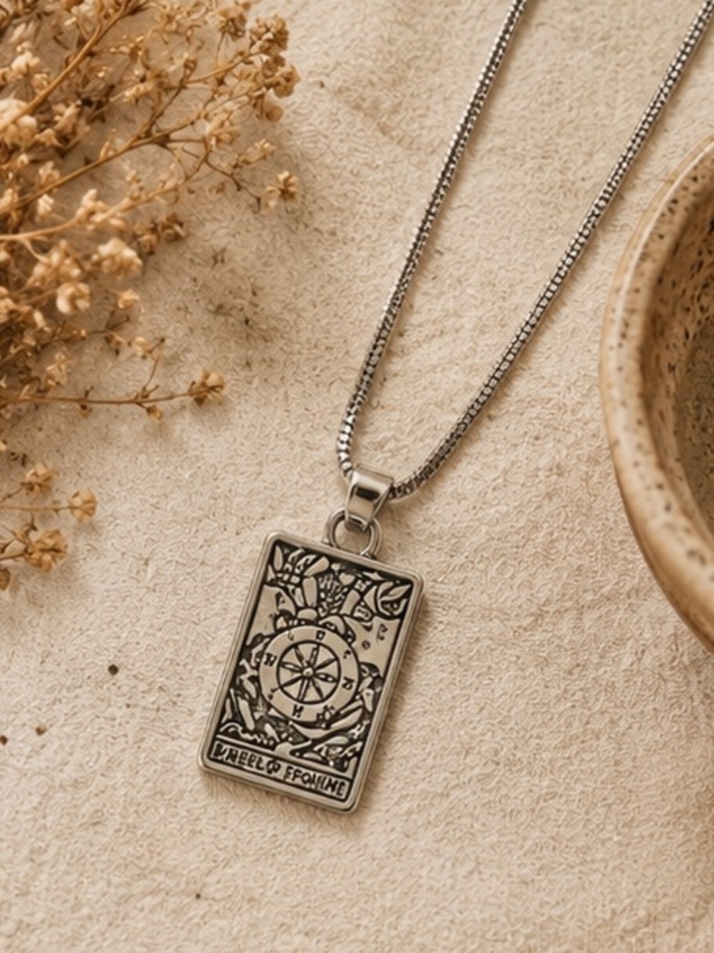 STAX Wheel of Fortune Tarot Card Pendant Necklace Silver Boho Layered